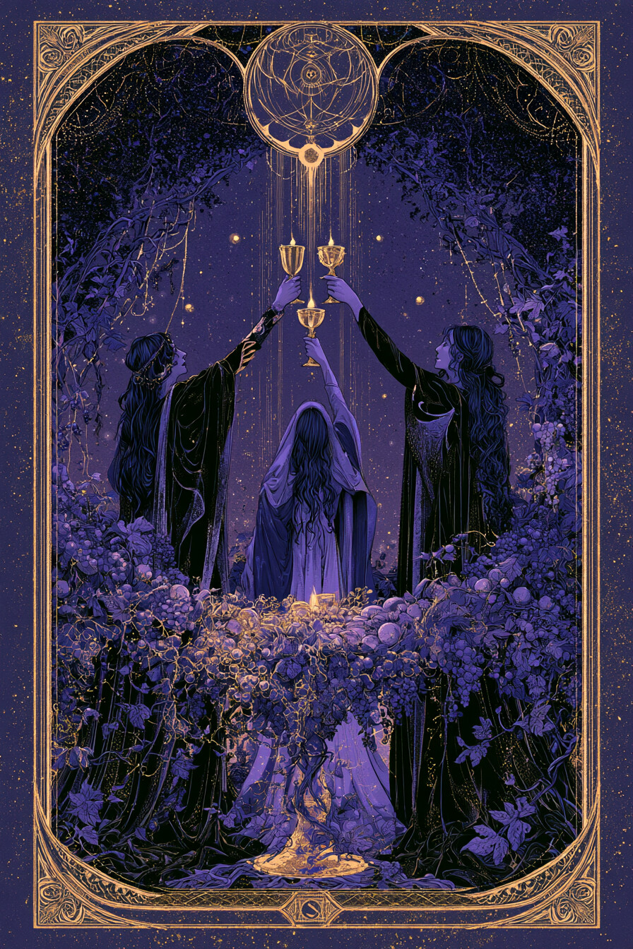 3 컵(3 of Cups) 타로 카드 그림 — 초기 성장, 협업을 통한 확장 (감정·관계·마음의…
