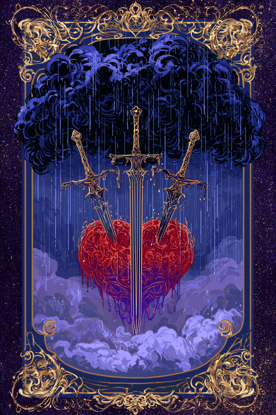 3 소드(3 of Swords) 타로 카드 그림 — 초기 성장, 협업을 통한 확장 (생각·갈등·판단력)