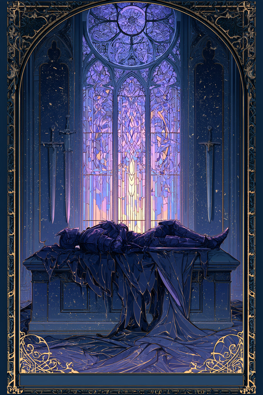 4 소드(4 of Swords) 타로 카드 그림 — 안정과 잠깐의 휴식, 기반 다지기 (생각·갈등·판…