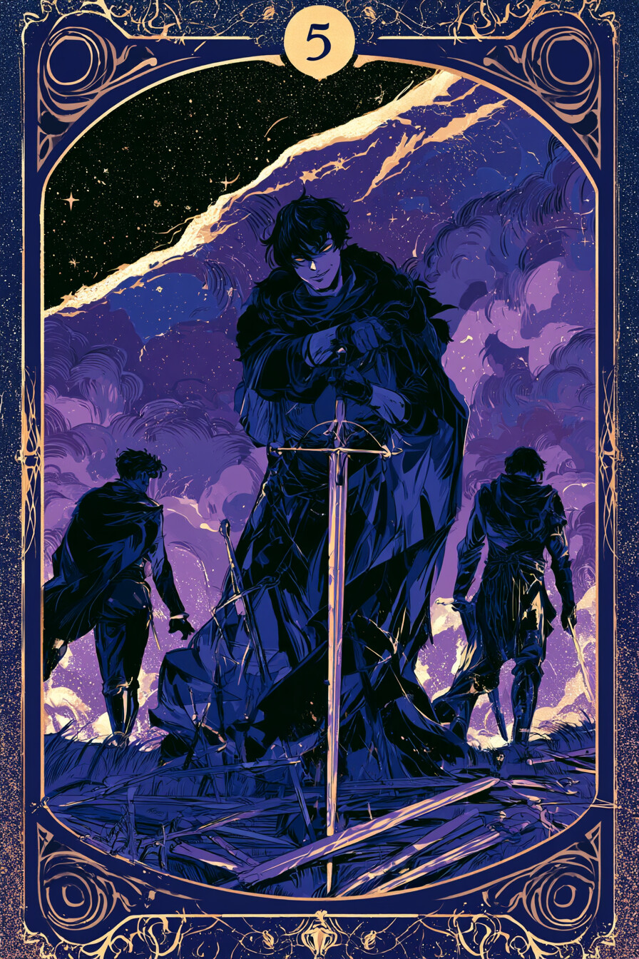 5 소드(5 of Swords) 타로 카드 그림 — 갈등과 도전, 경쟁 속의 시험 (생각·갈등·판단력)