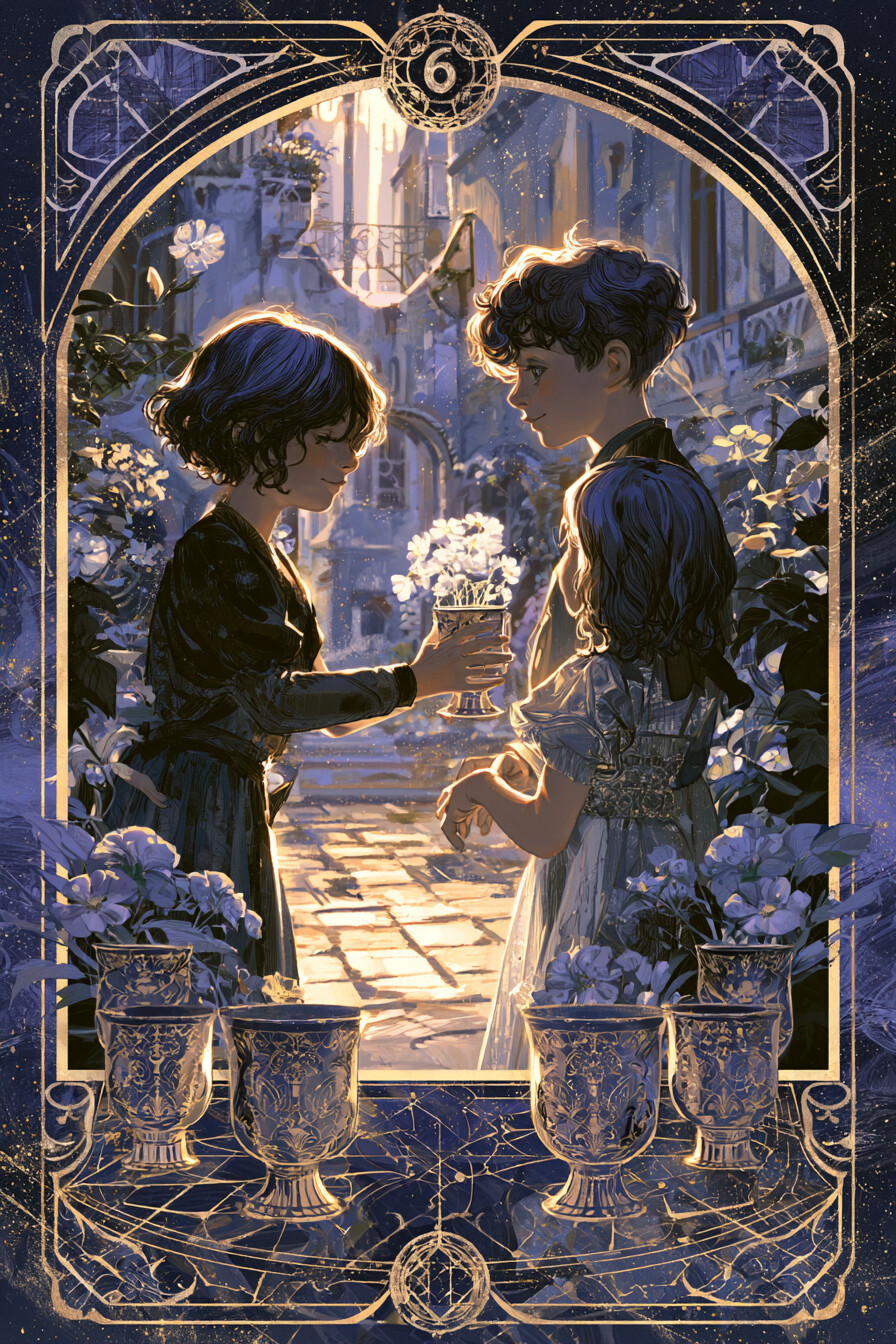 6 컵(6 of Cups) 타로 카드 그림 — 조화의 회복, 균형 잡힌 흐름 (감정·관계·마음의…