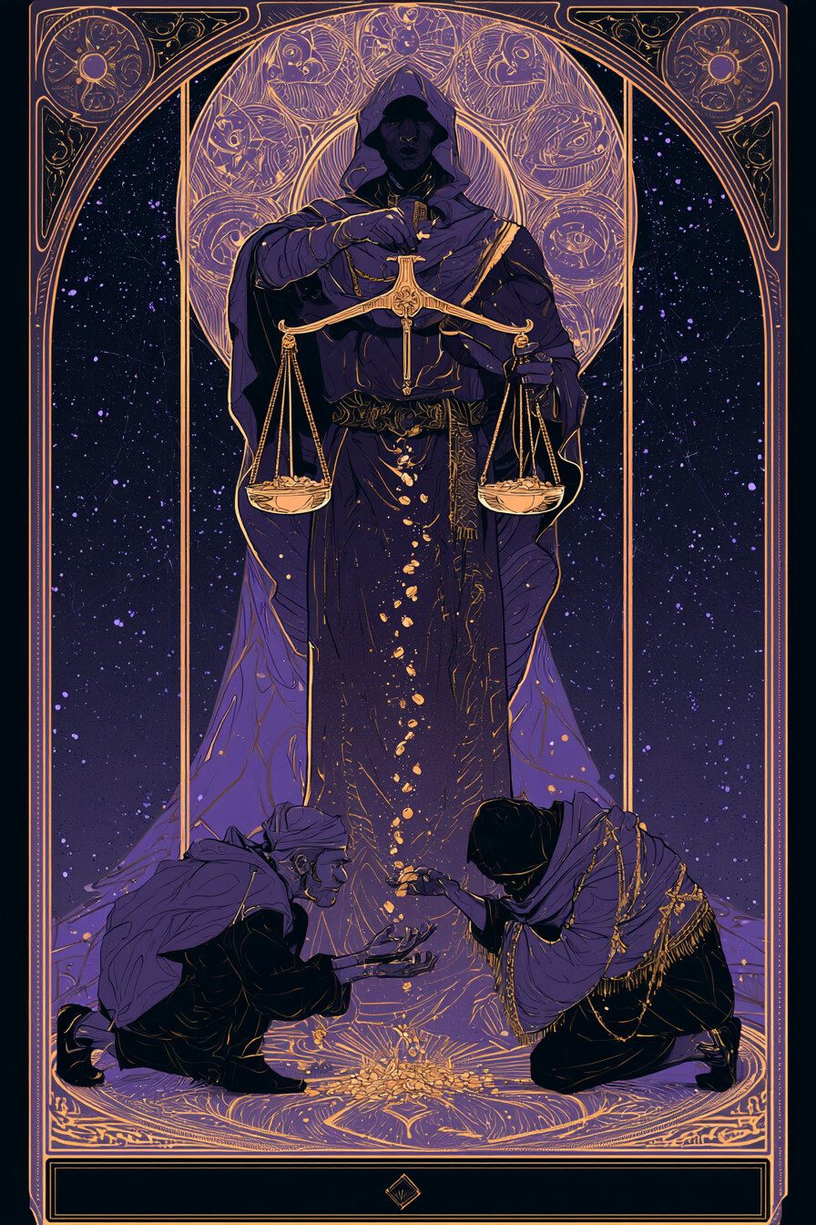 6 펜타클(6 of Pentacles) 타로 카드 그림 — 조화의 회복, 균형 잡힌 흐름 (물질·재물·현실적…