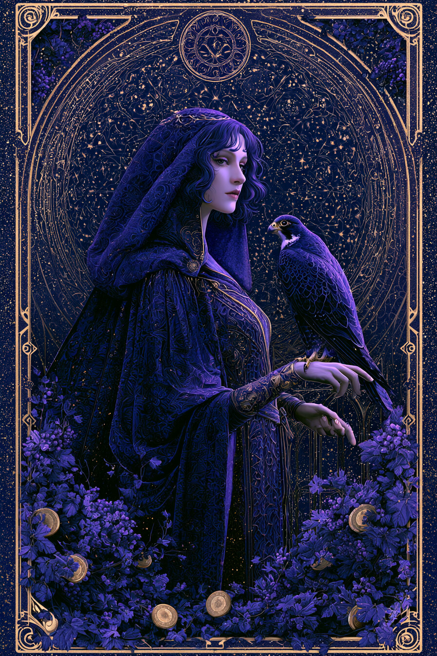 9 펜타클(9 of Pentacles) 타로 카드 그림 — 거의 다다른 목표, 성숙한 결실 (물질·재물·현실…