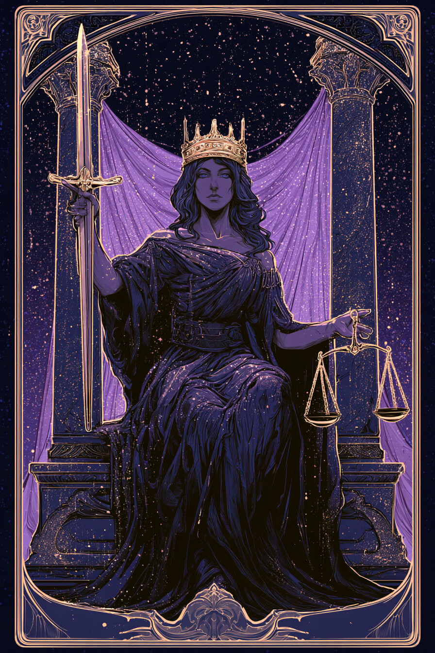 정의(Justice) 타로 카드 그림 — 공정한 결과, 인과응보, 균형 잡힌 판단