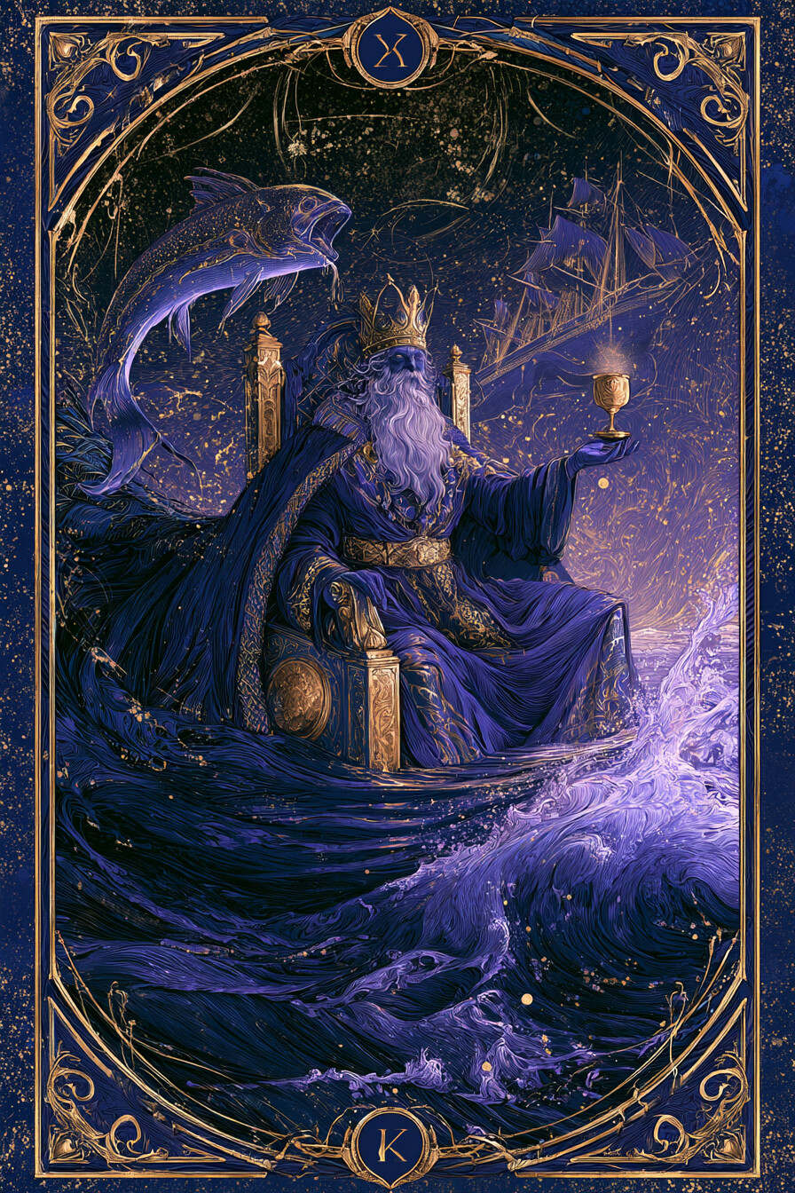 왕 컵(King of Cups) 타로 카드 그림 — 숙련된 권위, 해당 영역의 완숙한 통제력 (감정·…