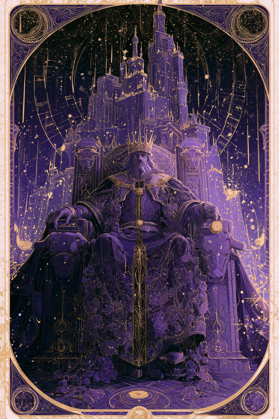왕 펜타클(King of Pentacles) 타로 카드 그림 — 숙련된 권위, 해당 영역의 완숙한 통제력 (물질·…