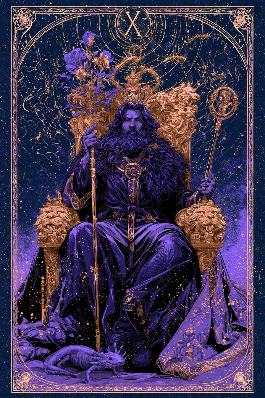 왕 완드(King of Wands) 타로 카드 그림 — 숙련된 권위, 해당 영역의 완숙한 통제력 (열정·…