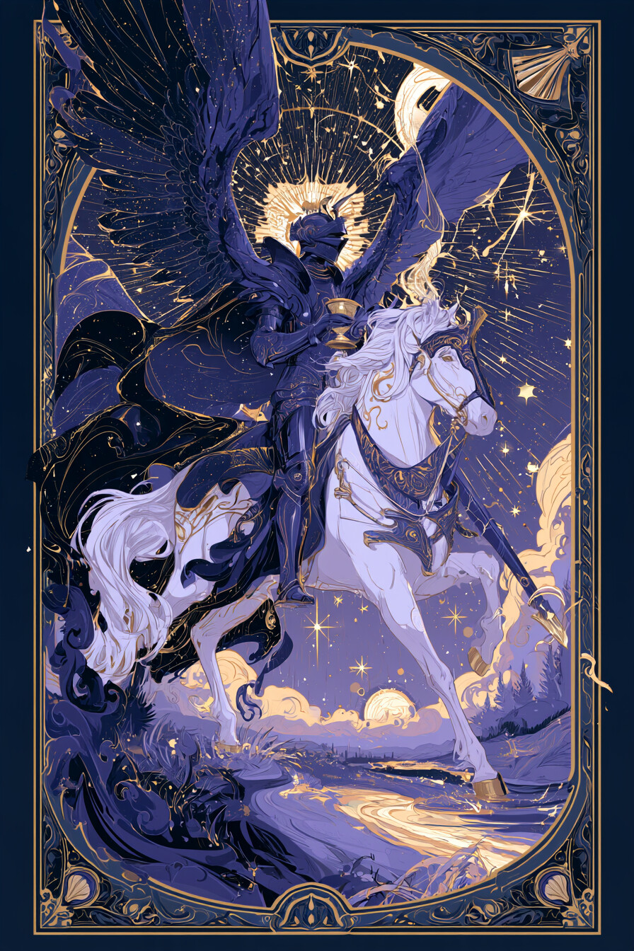 기사 컵(Knight of Cups) 타로 카드 그림 — 행동으로 옮기는 추진력, 목표를 향한 돌진 (감…