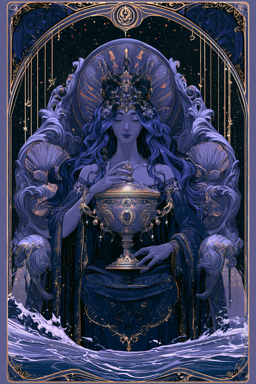 여왕 컵(Queen of Cups) 타로 카드 그림 — 성숙한 포용력, 해당 영역을 다루는 내면의 힘 (…