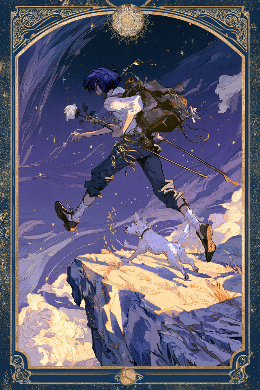 바보(The Fool) 타로 카드 그림 — 새로운 시작, 순수함, 자유로운 모험심, 즉흥적…