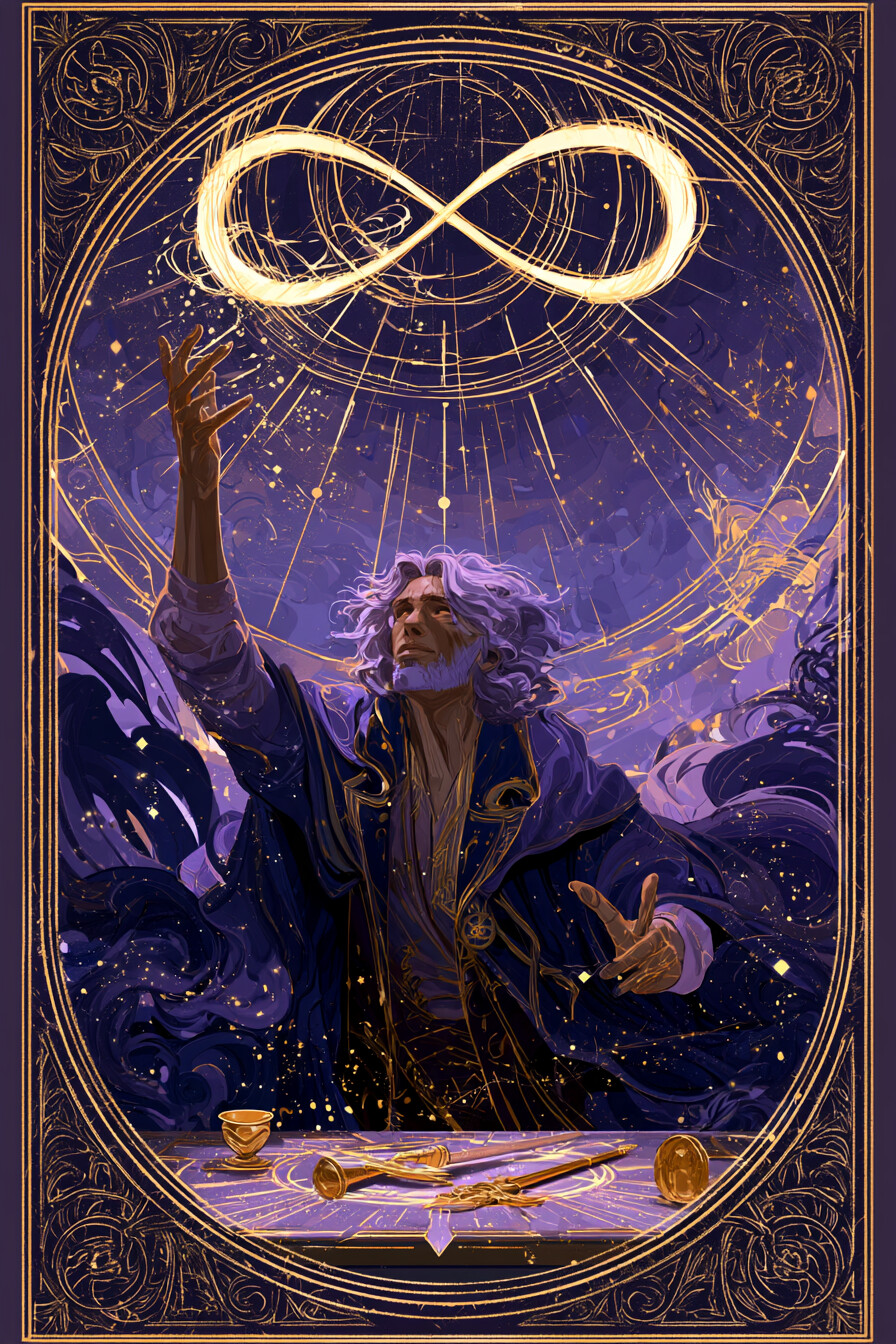 마법사(The Magician) 타로 카드 그림 — 의지력, 창조적 역량, 가진 자원을 활용해 목표…